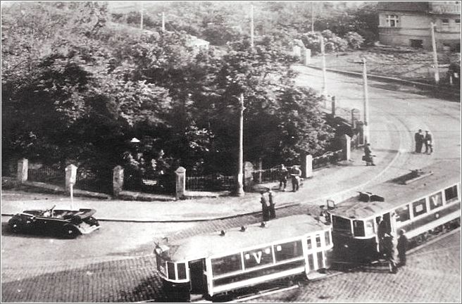 The hairpin turn where Heydrich was ambused, his car can be seen on the left